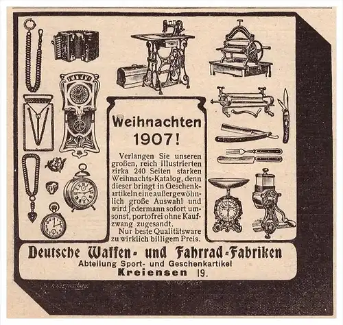 original Werbung - 1907 - Waffen- und Fahrradfabrik in Kreiensen b. Einbeck !!!