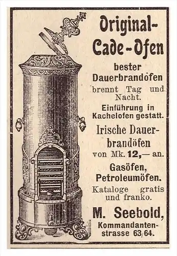 original Werbung - 1907 -  Cade-Ofen , M. Seebold , Dauerbrandofen , Kachelofen !!!