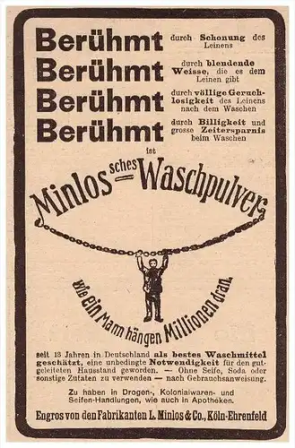 original Werbung - 1907 - Minlos Waschpulver in Köln-Ehrenfeld , Wäscherei , Wäsche !!!