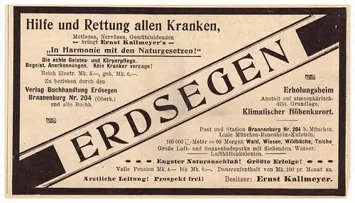 original Werbung - 1907 - Krankenrettung in Brannenburg , Erdsegen , Ernst Kallmeyer , Arzt , Krankenhaus , Kur !!!