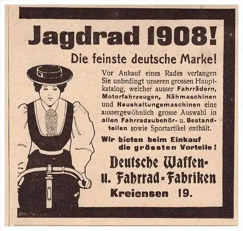 original Werbung - 1907 - Waffen- und Fahrradfabrik in Kreiensen b. Einbeck , Jagdrad , Fahrrad !!!