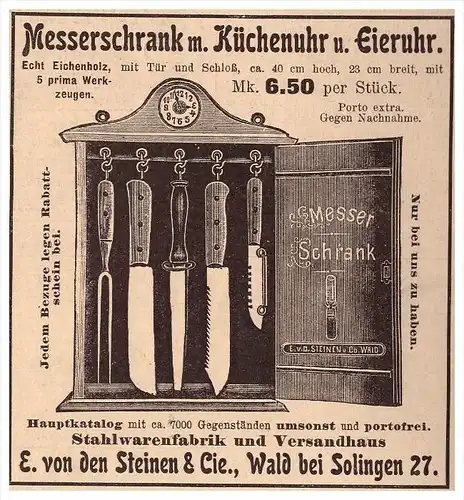 original Werbung - 1907 - Messerschrank mit Eieruhr , E. von Steinen in Wald b. Solingen , Messer !!!