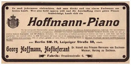 original Werbung - 1907 - Hoffmann - Piano , Hoflieferant in Berlin , Prinz Hermann von Sachsen-Weimar !!!