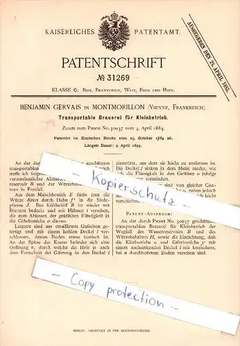 Original Patent - B. Gervais à Montmorillon , Vienne , Frankreich , 1884 , brasserie portable , l'alcool , caserne !!