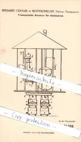 Original Patent - B. Gervais à Montmorillon , Vienne , Frankreich , 1884 , brasserie portable , l'alcool , caserne !!