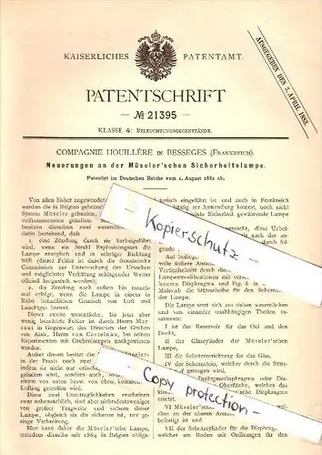 Original Patent - Compagnie Houillere à Besseges , 1882 , lampes de sécurité , exploitation minière , Mueseler !!!