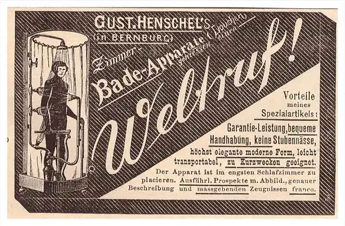 original Werbung - 1888 - Bade-Apparate , G. Henschel in Bernburg , Sanitär !!!