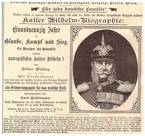 original Werbung -1888 - Kaiser Wilhelm Biographie , Glaube, Kampf und Sieg , Oskar Weding !!!