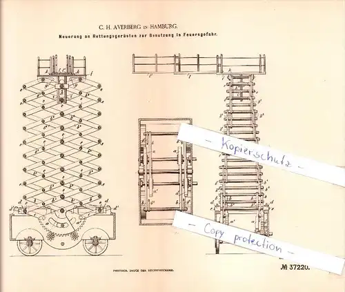 Original Patent  - C. H. Averberg in Hamburg , 1886 ,  Rettungsgerüste , Rettung , Feuerwehr !!!