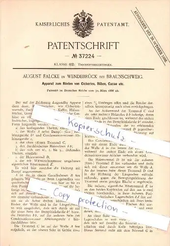 Original Patent  - A. Falcke in Wendebrück bei Braunschweig , 1886 ,  Apparat zum Rösten , Kakao !!!