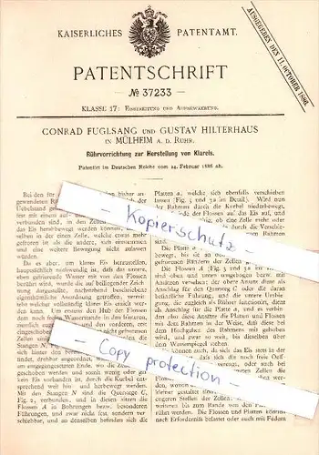 Original Patent  - C. Fuglsang und G. Hilterhaus in Mülheim a. d. Ruhr , 1886 , Herstellung von Klareis , Eis !!!
