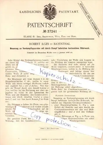 Original Patent  -  Robert Ilges in Bayenthal b. Köln , 1886 , Verdampfapparate mit Rührwerk , Bier , Brauerei !!!