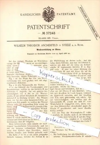 Original Patent  -  W. T. Ascherfeld in Steele a. d. Ruhr , 1886 , Weckvorrichtung an Uhren !!!