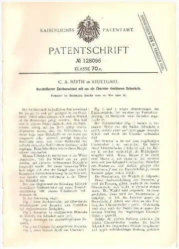 Original Patent - C.A. Hirth in Stuttgart , 1900 , Zeichenwinkel mit Charnier , Architektur , Reißbrett !!