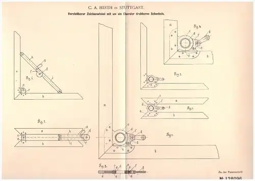 Original Patent - C.A. Hirth in Stuttgart , 1900 , Zeichenwinkel mit Charnier , Architektur , Reißbrett !!