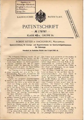 Original Patent -Robert Ritter in Hachenburg , Westerwald ,1905, Apparat für Anzeige- und Registierbänder bei Tachometer