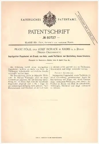 Original Patentschrift -  Franz Pölzl und Josef Horack in Krems a.d. Donau , 1894 , Holzersatz als Schreibtafel , Tafel