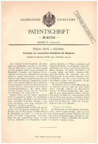 Original Patentschrift - Friedrich Meye in Eisleben , 1894 , wasserdichte Sohle für Schuhe , Schuster , Schuhmacher !!!