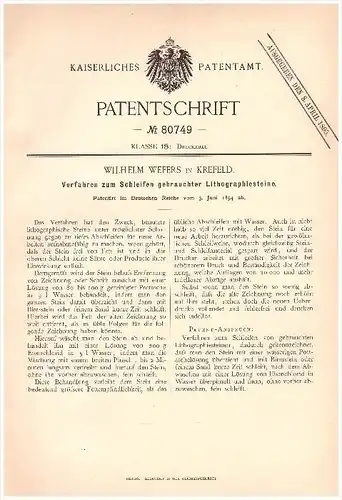 Original Patentschrift - Wilhelm Wefers in Krefeld , 1894 , Lithographie - Steine , Druckerei , Druck , Buchdruck !!!