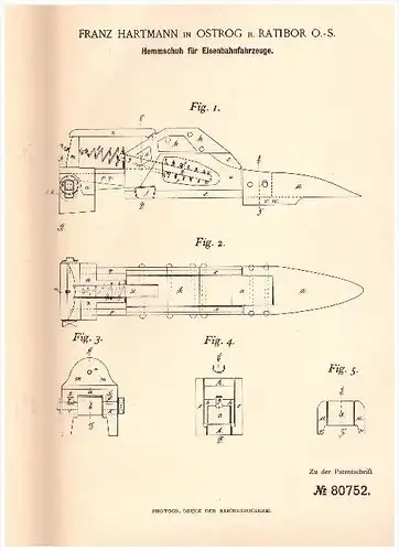 Original Patentschrift - F.  Hartmann in Ostrog bei Ratibor / Racibórz , 1894 , Hemmschuh für Eisenbahn !!!