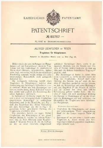 Original Patentschrift - Alfred Zempliner in Wien , 1894 , Aufhängung von Hängelampen , Lampen , Leuchten !!