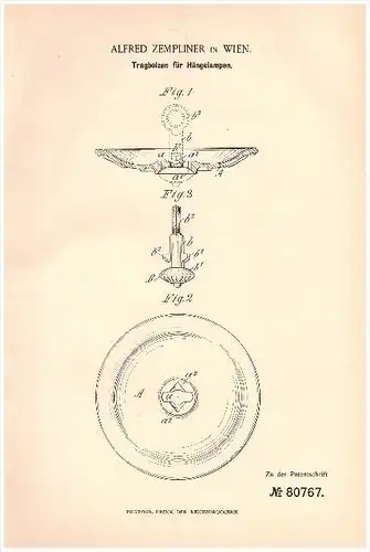 Original Patentschrift - Alfred Zempliner in Wien , 1894 , Aufhängung von Hängelampen , Lampen , Leuchten !!