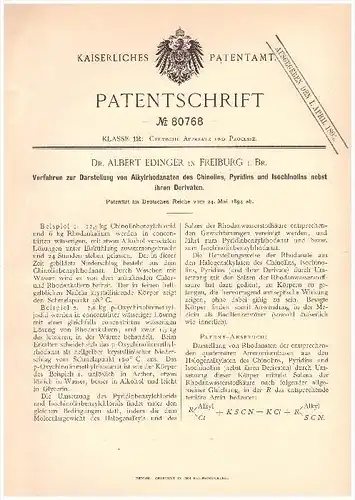 Original Patentschrift - Dr. Albert Edinger in Freiburg i. Breisgau , 1894 , Darstellung von Alkylrhodanaten , Chemie !!