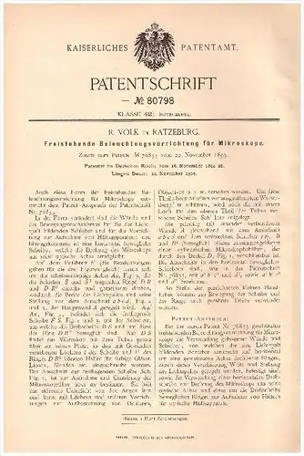 Original Patentschrift - R. Volk in Ratzeburg , 1894 , Beleuchtung für Mikroskop , Labor , Instrumente !!!