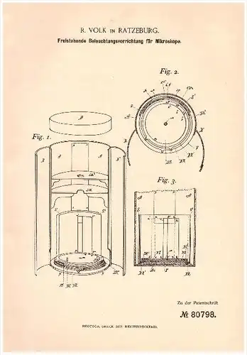 Original Patentschrift - R. Volk in Ratzeburg , 1894 , Beleuchtung für Mikroskop , Labor , Instrumente !!!
