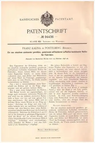 Original Patentschrift - Franz Kalina in Postelberg / Postoloprty , 1896 , Fahrrad - Reifen mit mehreren Luftzellen !!!