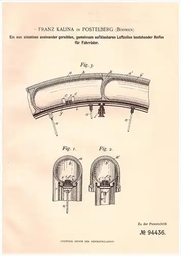 Original Patentschrift - Franz Kalina in Postelberg / Postoloprty , 1896 , Fahrrad - Reifen mit mehreren Luftzellen !!!