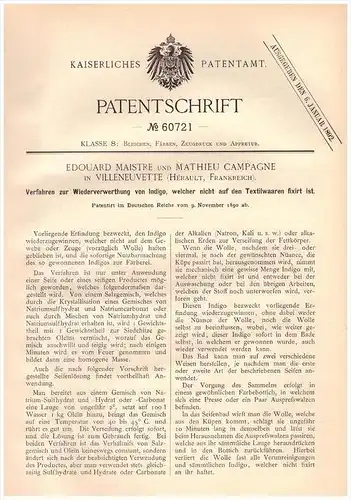 Original Patentschrift -  E. Maistre et M. Campagne dans Villeneuvette , Hérault , 1890, Indigo pour les textiles !!!