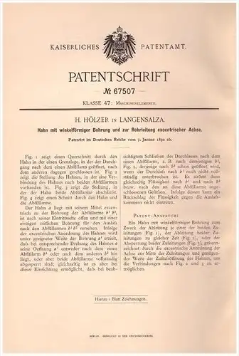 Original Patentschrift - H. Hölzer in Langensalza , 1892 , Hahn mit Bohrung , Maschinenbau , Leitung !!!