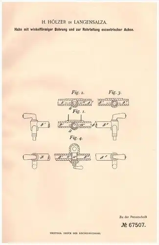 Original Patentschrift - H. Hölzer in Langensalza , 1892 , Hahn mit Bohrung , Maschinenbau , Leitung !!!