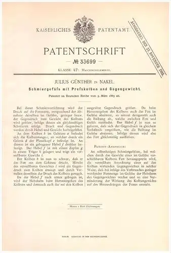 Original Patentschrift - Julius Günther in Nakel / Nak&#322;o nad Noteci&#261;  , 1885 , Schmiergefäß mit Kolben , Masch