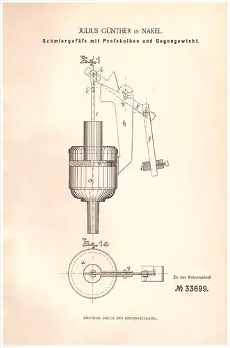 Original Patentschrift - Julius Günther in Nakel / Nak&#322;o nad Noteci&#261;  , 1885 , Schmiergefäß mit Kolben , Masch
