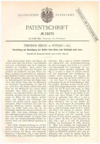 Original Patentschrift - Th. Bierau dans Rothau i. Elsass , 1885, Protection dans une chute, à vélo , bicycle !!!