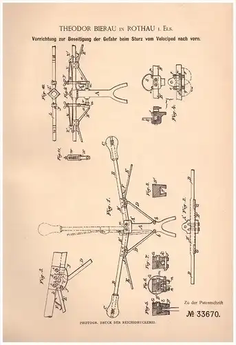 Original Patentschrift - Th. Bierau dans Rothau i. Elsass , 1885, Protection dans une chute, à vélo , bicycle !!!