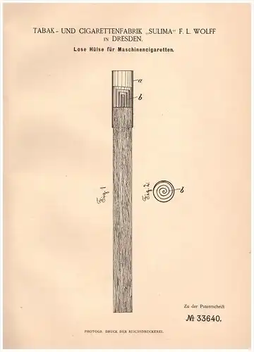 Original Patentschrift - Tabak -und Cigarettenfabrik SULIMA in Dresden ,1885, Hülse für Cigarette , Cigaretten , Wolff !
