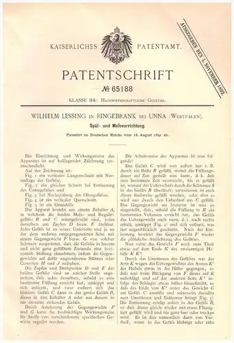 Original Patentschrift - Wilhelm Lessing in Ringebrank b. Unna , 1891 , Spül- und Meßvorrichtung , Apparat !!!