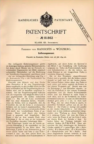 Original Patentschrift - Frhr. E. von Mairhofen in Würzburg , 1894, Entfernungsmesser , Meßgerät , Fernrohr !!!