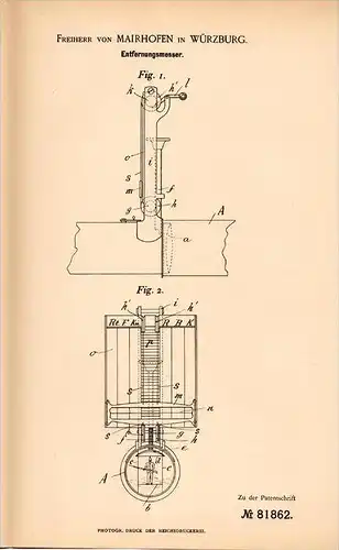 Original Patentschrift - Frhr. E. von Mairhofen in Würzburg , 1894, Entfernungsmesser , Meßgerät , Fernrohr !!!