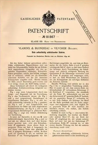 Original Patentschrift - Vlaminx & Blondieau in Vilvoorde , 1894 , automatischer Schirm , Regenschirm !!!