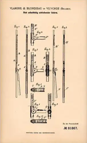 Original Patentschrift - Vlaminx & Blondieau in Vilvoorde , 1894 , automatischer Schirm , Regenschirm !!!