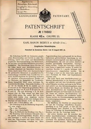 Original Patentschrift - K. Baron Bedeus in Arad , 1905 , graphischer Reise - Fahrplan , Eisenbahn , Bahn !!!