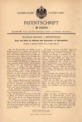 Original Patentschrift - W. Behnke in Bredenfelde i. Meckl. b. Stavenhagen , 1898 , Zange für Hufeisen , Schmied , Pferd