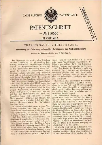 Original Patent - Charles Saule à Tulle ,  Correze , 1899 ,  Carbure de capsules acétylene !!!