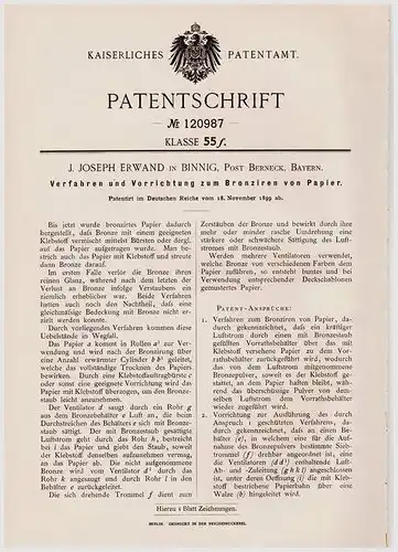 Original Patentschrift - J. Erwand in Binnig , Post Berneck , Bayern , 1899 , Apparat zum Bronzieren von Papier , Bronze