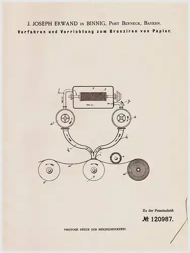 Original Patentschrift - J. Erwand in Binnig , Post Berneck , Bayern , 1899 , Apparat zum Bronzieren von Papier , Bronze