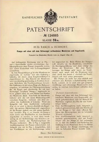 Original Patentschrift - R. Rasch in Ruhrort b. Duisburg , 1899 , Pumpe mit Schwengel !!!